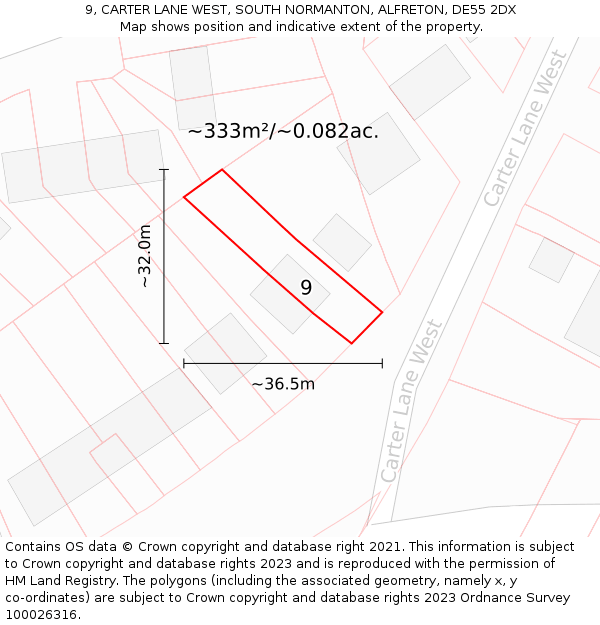 9, CARTER LANE WEST, SOUTH NORMANTON, ALFRETON, DE55 2DX: Plot and title map
