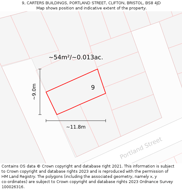 9, CARTERS BUILDINGS, PORTLAND STREET, CLIFTON, BRISTOL, BS8 4JD: Plot and title map