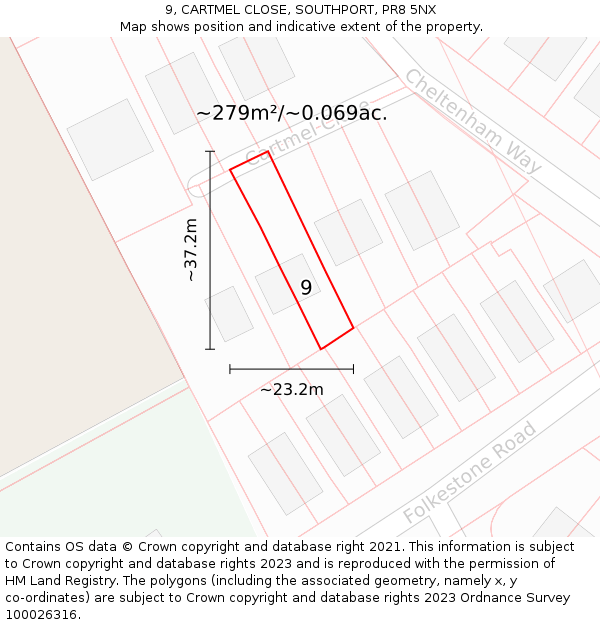 9, CARTMEL CLOSE, SOUTHPORT, PR8 5NX: Plot and title map
