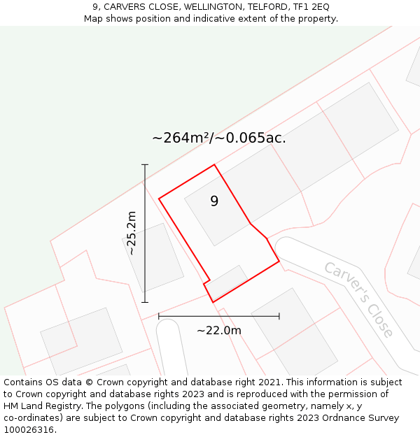 9, CARVERS CLOSE, WELLINGTON, TELFORD, TF1 2EQ: Plot and title map