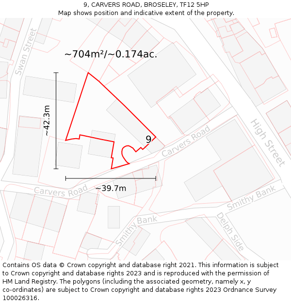 9, CARVERS ROAD, BROSELEY, TF12 5HP: Plot and title map
