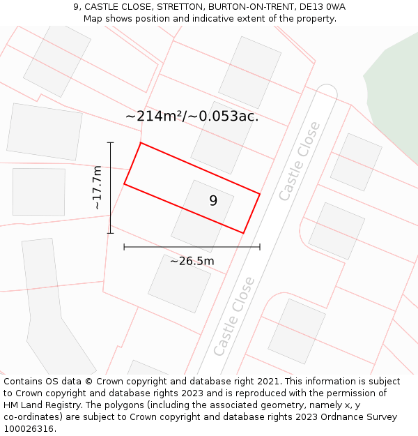 9, CASTLE CLOSE, STRETTON, BURTON-ON-TRENT, DE13 0WA: Plot and title map