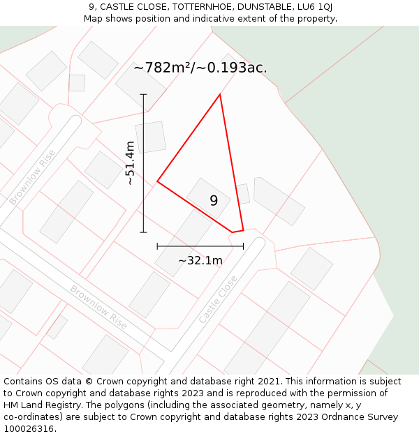 9, CASTLE CLOSE, TOTTERNHOE, DUNSTABLE, LU6 1QJ: Plot and title map