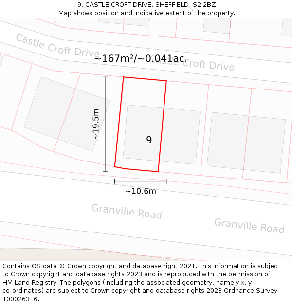 9, CASTLE CROFT DRIVE, SHEFFIELD, S2 2BZ: Plot and title map