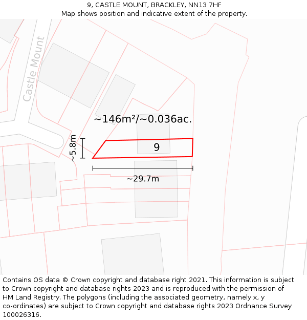 9, CASTLE MOUNT, BRACKLEY, NN13 7HF: Plot and title map