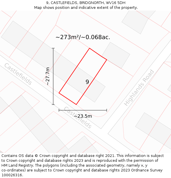 9, CASTLEFIELDS, BRIDGNORTH, WV16 5DH: Plot and title map