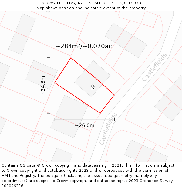 9, CASTLEFIELDS, TATTENHALL, CHESTER, CH3 9RB: Plot and title map