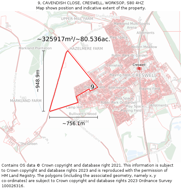 9, CAVENDISH CLOSE, CRESWELL, WORKSOP, S80 4HZ: Plot and title map