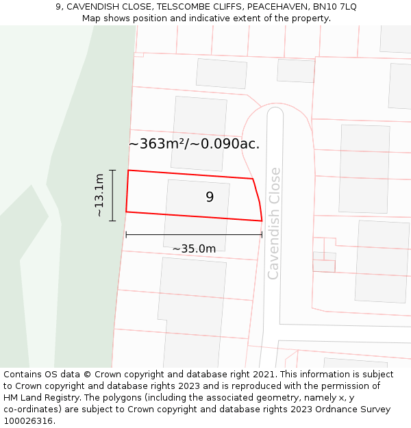 9, CAVENDISH CLOSE, TELSCOMBE CLIFFS, PEACEHAVEN, BN10 7LQ: Plot and title map