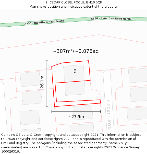 9, CEDAR CLOSE, POOLE, BH16 5QF: Plot and title map