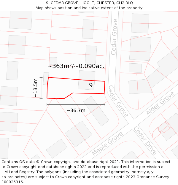 9, CEDAR GROVE, HOOLE, CHESTER, CH2 3LQ: Plot and title map