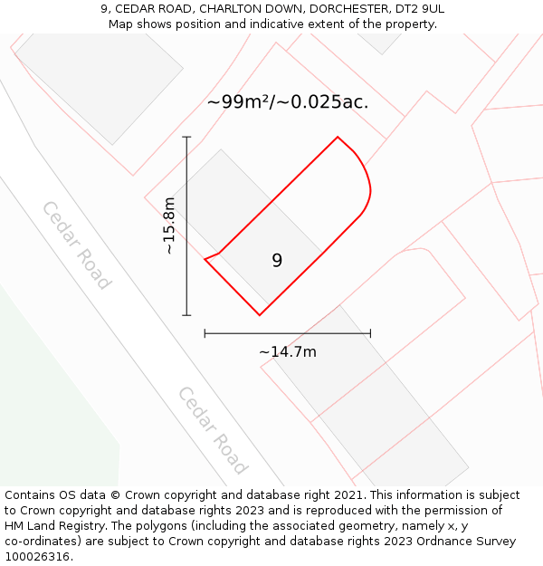9, CEDAR ROAD, CHARLTON DOWN, DORCHESTER, DT2 9UL: Plot and title map