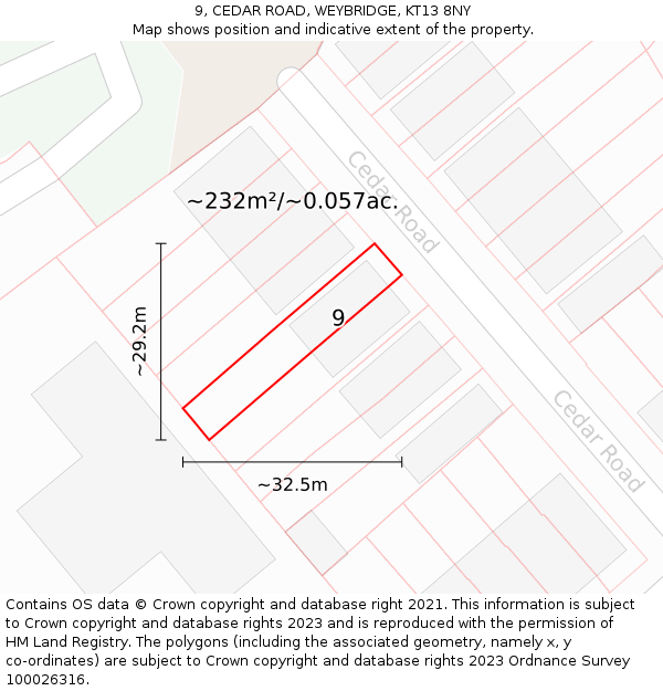 9, CEDAR ROAD, WEYBRIDGE, KT13 8NY: Plot and title map