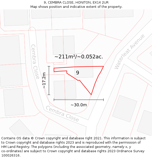 9, CEMBRA CLOSE, HONITON, EX14 2UR: Plot and title map