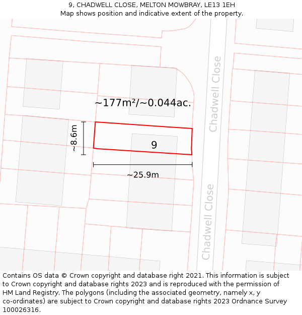 9, CHADWELL CLOSE, MELTON MOWBRAY, LE13 1EH: Plot and title map