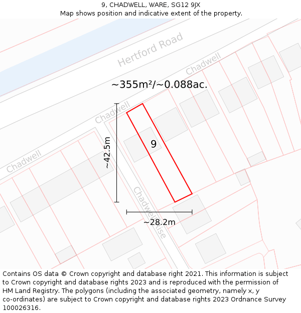 9, CHADWELL, WARE, SG12 9JX: Plot and title map