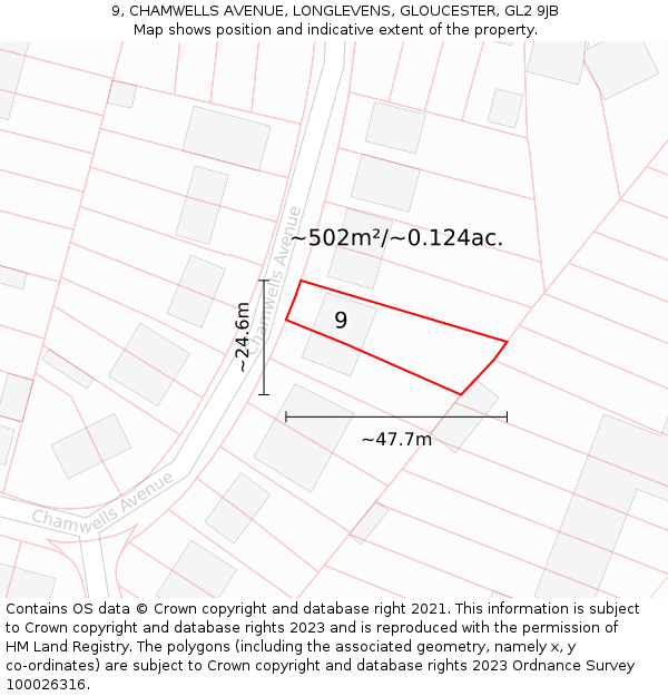 9, CHAMWELLS AVENUE, LONGLEVENS, GLOUCESTER, GL2 9JB: Plot and title map