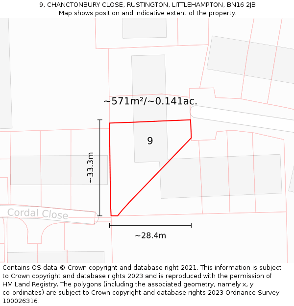 9, CHANCTONBURY CLOSE, RUSTINGTON, LITTLEHAMPTON, BN16 2JB: Plot and title map