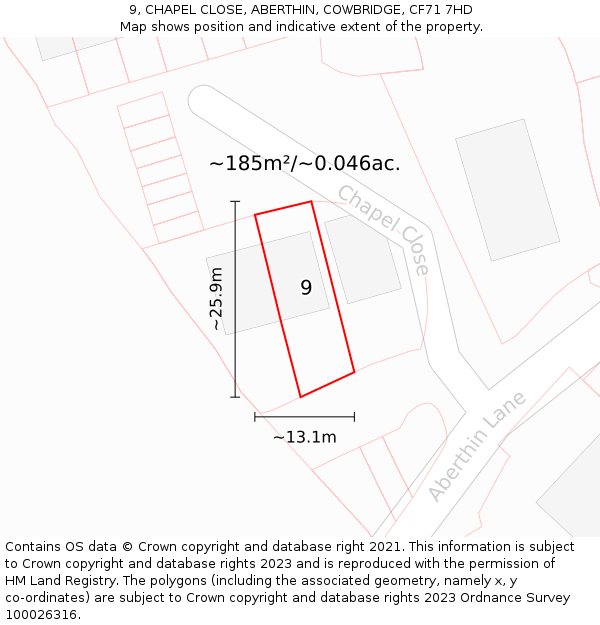 9, CHAPEL CLOSE, ABERTHIN, COWBRIDGE, CF71 7HD: Plot and title map