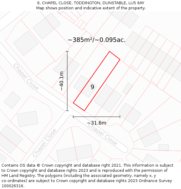 9, CHAPEL CLOSE, TODDINGTON, DUNSTABLE, LU5 6AY: Plot and title map