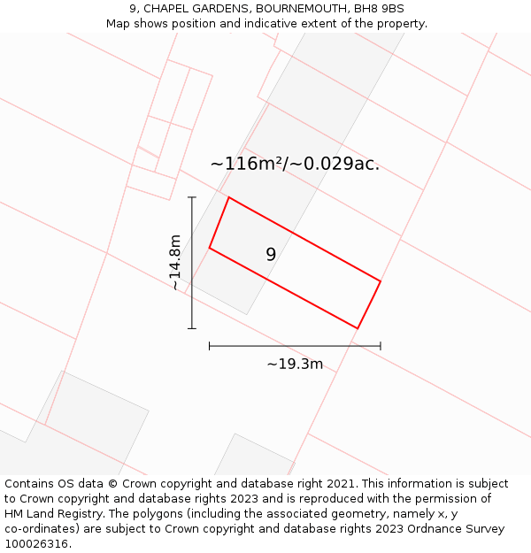 9, CHAPEL GARDENS, BOURNEMOUTH, BH8 9BS: Plot and title map