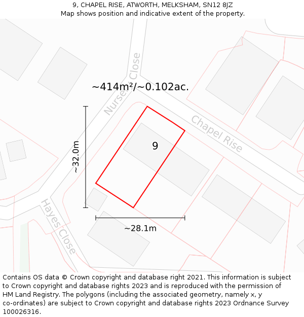 9, CHAPEL RISE, ATWORTH, MELKSHAM, SN12 8JZ: Plot and title map