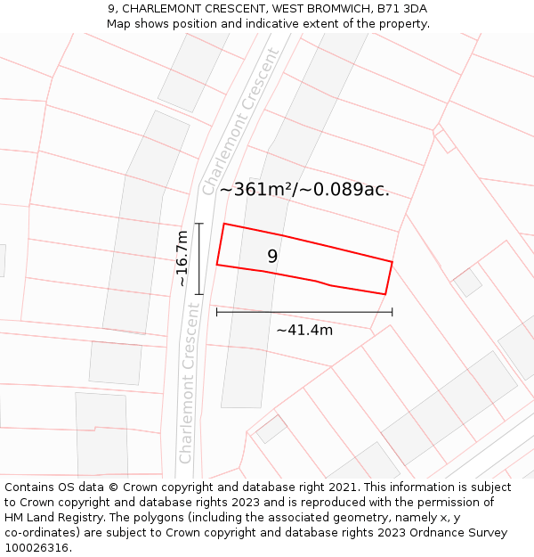 9, CHARLEMONT CRESCENT, WEST BROMWICH, B71 3DA: Plot and title map