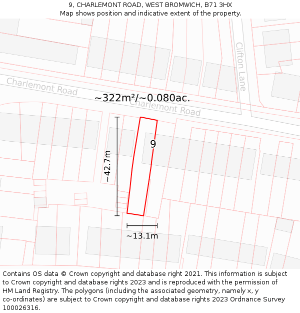 9, CHARLEMONT ROAD, WEST BROMWICH, B71 3HX: Plot and title map
