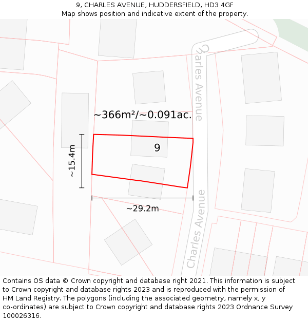 9, CHARLES AVENUE, HUDDERSFIELD, HD3 4GF: Plot and title map