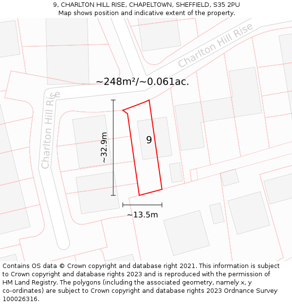 9, CHARLTON HILL RISE, CHAPELTOWN, SHEFFIELD, S35 2PU: Plot and title map