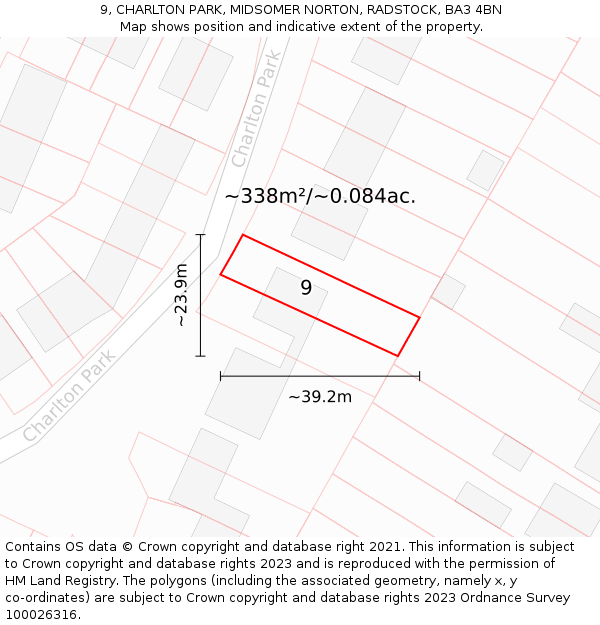 9, CHARLTON PARK, MIDSOMER NORTON, RADSTOCK, BA3 4BN: Plot and title map