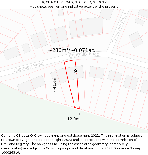 9, CHARNLEY ROAD, STAFFORD, ST16 3JX: Plot and title map