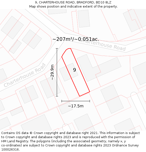 9, CHARTERHOUSE ROAD, BRADFORD, BD10 8LZ: Plot and title map