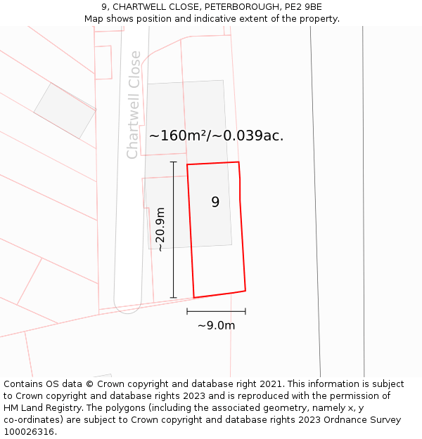 9, CHARTWELL CLOSE, PETERBOROUGH, PE2 9BE: Plot and title map