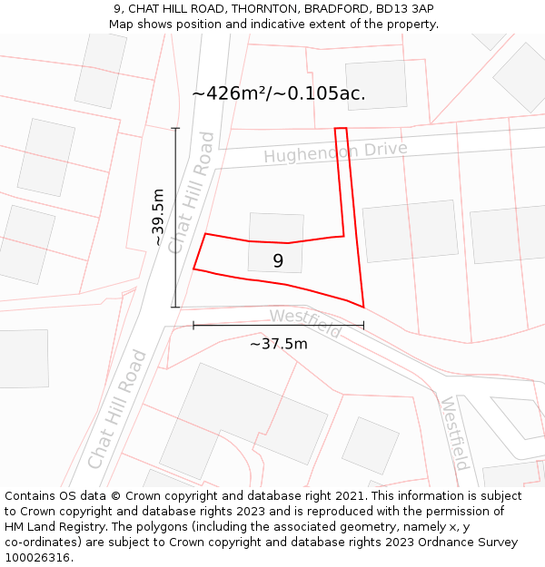 9, CHAT HILL ROAD, THORNTON, BRADFORD, BD13 3AP: Plot and title map