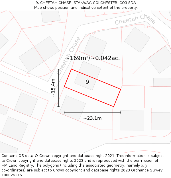 9, CHEETAH CHASE, STANWAY, COLCHESTER, CO3 8DA: Plot and title map