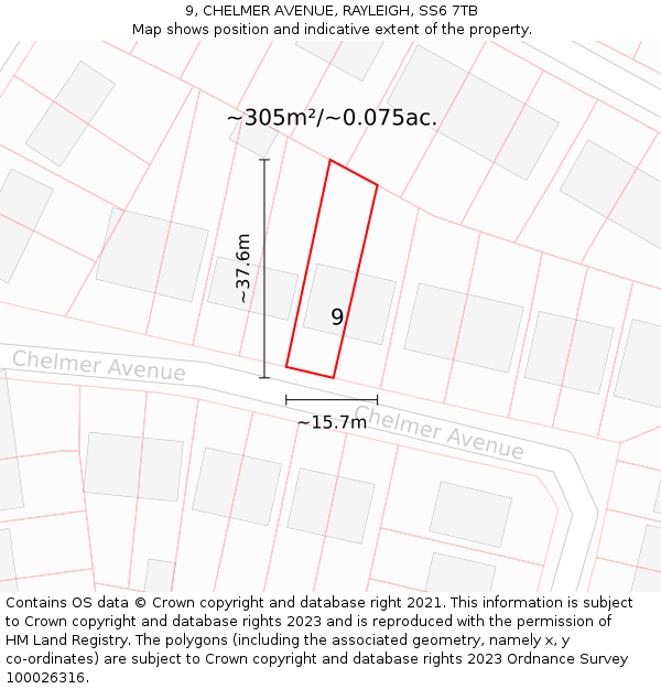 9, CHELMER AVENUE, RAYLEIGH, SS6 7TB: Plot and title map