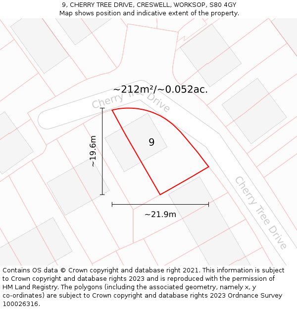 9, CHERRY TREE DRIVE, CRESWELL, WORKSOP, S80 4GY: Plot and title map