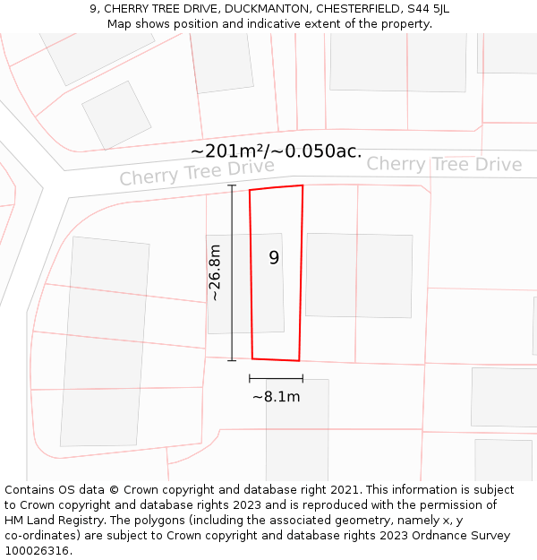 9, CHERRY TREE DRIVE, DUCKMANTON, CHESTERFIELD, S44 5JL: Plot and title map