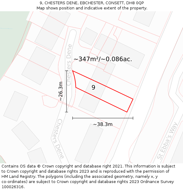 9, CHESTERS DENE, EBCHESTER, CONSETT, DH8 0QP: Plot and title map