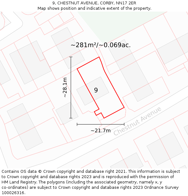 9, CHESTNUT AVENUE, CORBY, NN17 2ER: Plot and title map