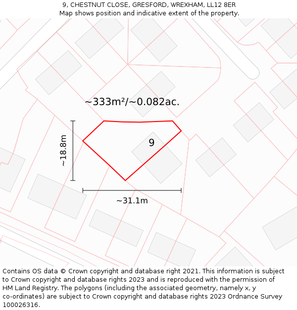 9, CHESTNUT CLOSE, GRESFORD, WREXHAM, LL12 8ER: Plot and title map