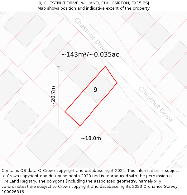 9, CHESTNUT DRIVE, WILLAND, CULLOMPTON, EX15 2SJ: Plot and title map
