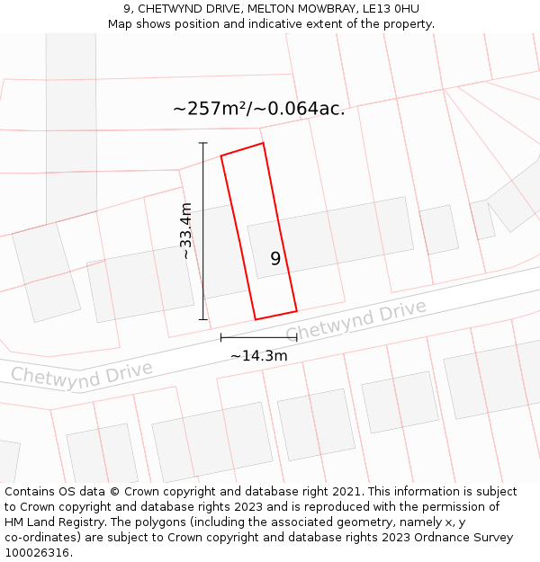 9, CHETWYND DRIVE, MELTON MOWBRAY, LE13 0HU: Plot and title map