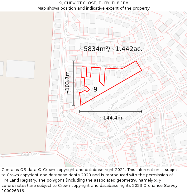 9, CHEVIOT CLOSE, BURY, BL8 1RA: Plot and title map
