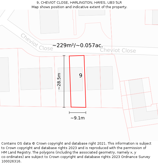 9, CHEVIOT CLOSE, HARLINGTON, HAYES, UB3 5LR: Plot and title map