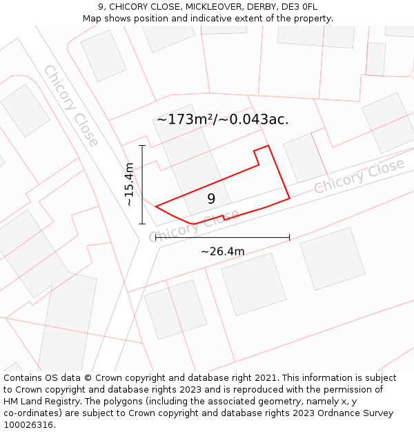 9, CHICORY CLOSE, MICKLEOVER, DERBY, DE3 0FL: Plot and title map