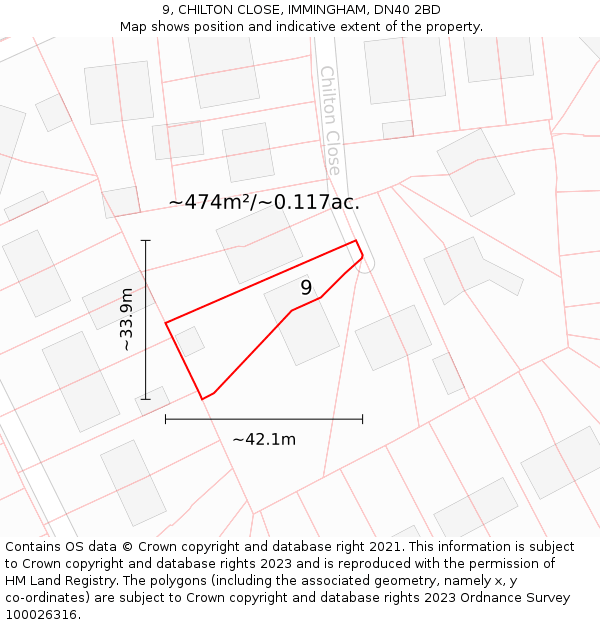 9, CHILTON CLOSE, IMMINGHAM, DN40 2BD: Plot and title map