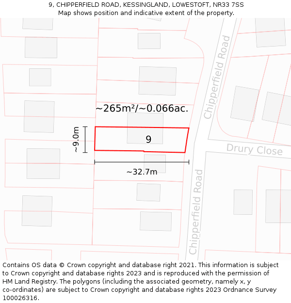 9, CHIPPERFIELD ROAD, KESSINGLAND, LOWESTOFT, NR33 7SS: Plot and title map