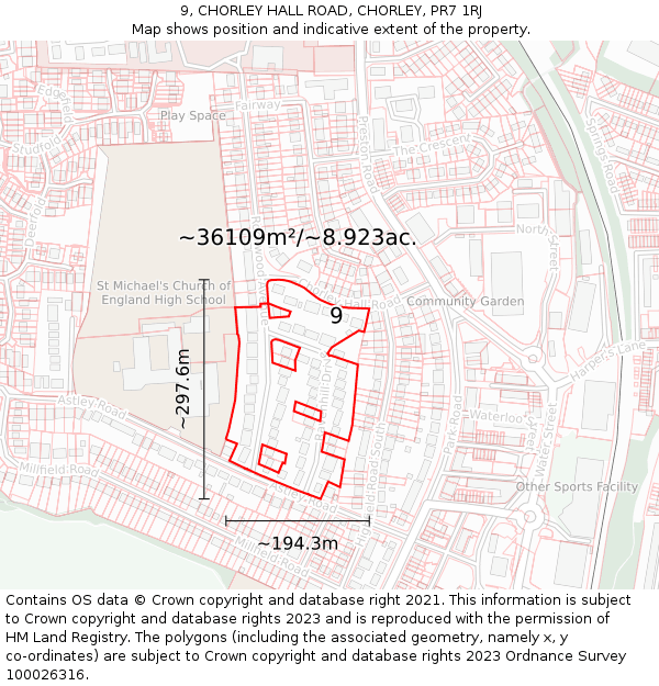 9, CHORLEY HALL ROAD, CHORLEY, PR7 1RJ: Plot and title map